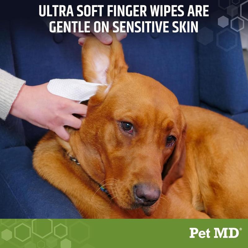 Pet MD Ear Finger Wipes for Dogs - Extra-Coverage & Large Design - Eucalyptus & Aloe Vera - 50Ct