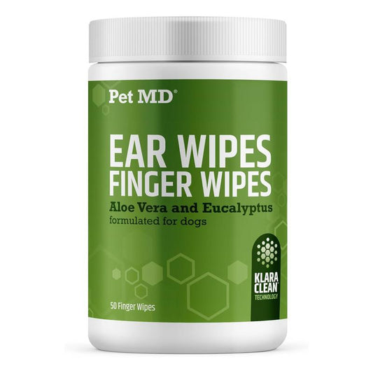Pet MD Ear Finger Wipes for Dogs - Extra-Coverage & Large Design - Eucalyptus & Aloe Vera - 50Ct