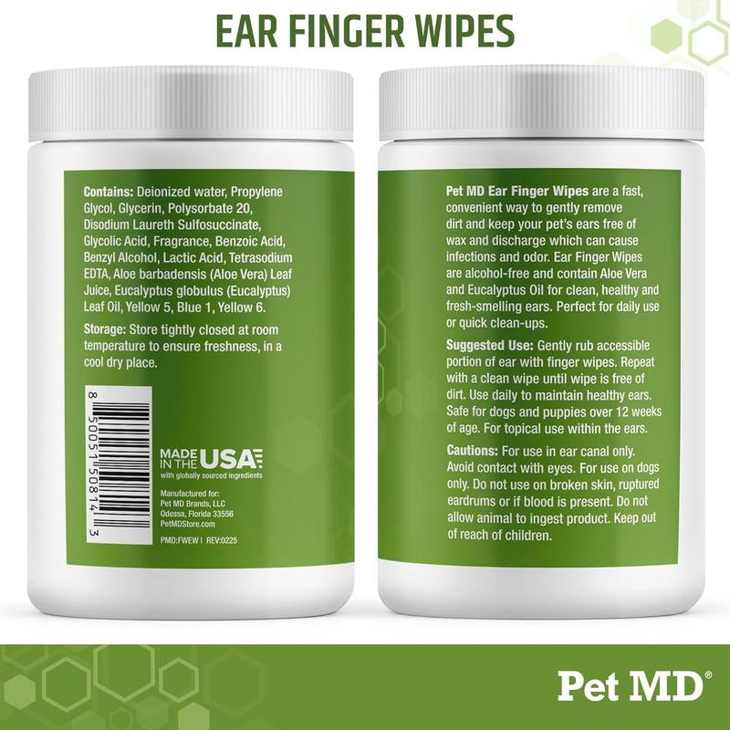 Pet MD Ear Finger Wipes for Dogs - Extra-Coverage & Large Design - Eucalyptus & Aloe Vera - 50Ct