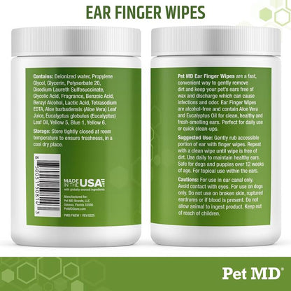 Pet MD Ear Finger Wipes for Dogs - Extra-Coverage & Large Design - Eucalyptus & Aloe Vera - 50Ct